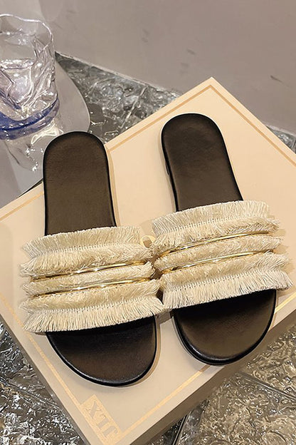 Damen Sommer Slides Sandalen Mit Fransen Detail Leder Braun