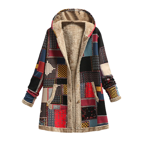 Damen Kapuzenmantel Patchwork Gefüttert Mit Knöpfe Und Taschen