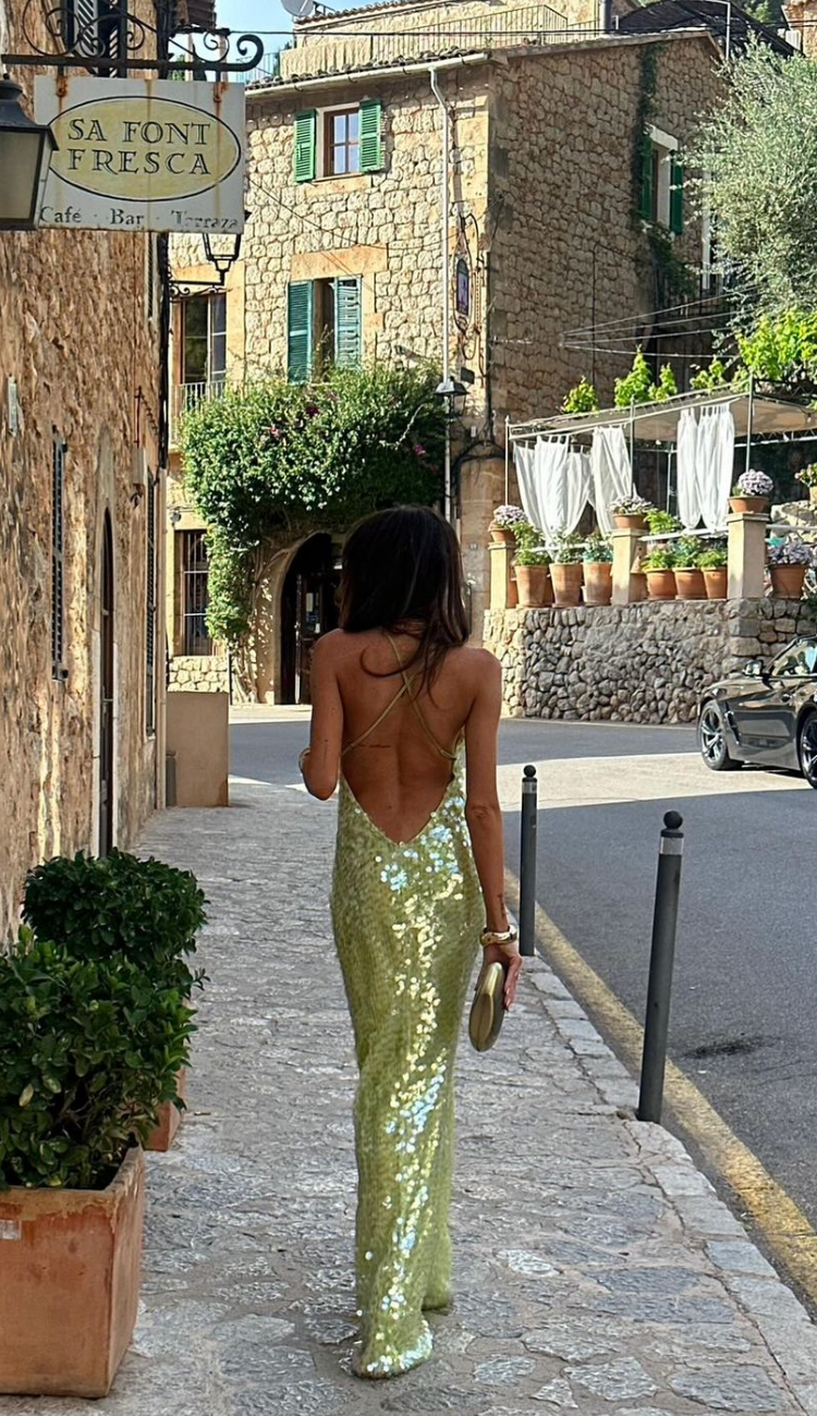 Damen Sommerkleid Pailletten Quadratkragen Elegant
