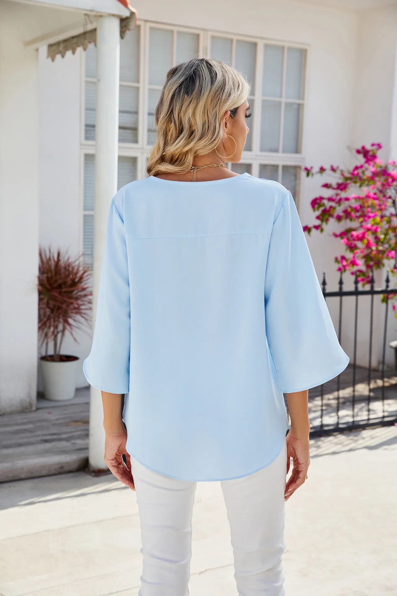 Damen Chiffon Bluse Kurzärmelig V-Ausschnitt Elegant