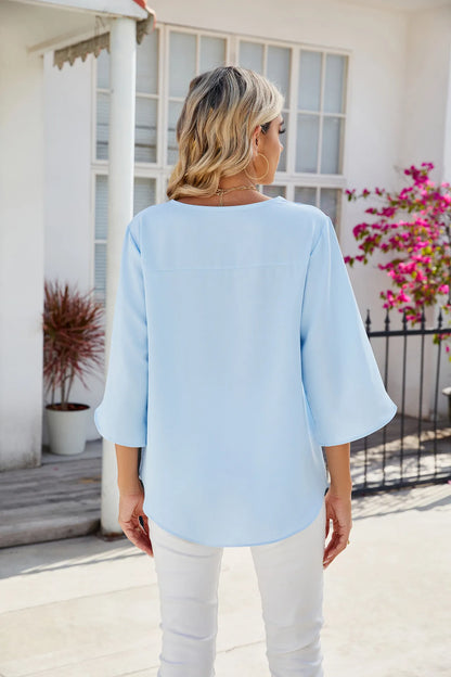 Damen Chiffon Bluse Kurzärmelig V-Ausschnitt Elegant