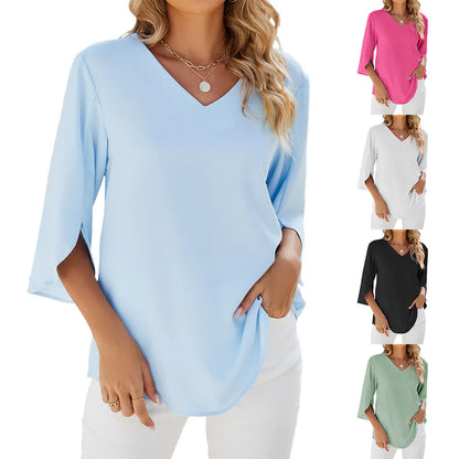 Damen Chiffon Bluse Kurzärmelig V-Ausschnitt Elegant