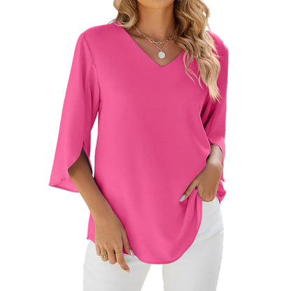 Damen Chiffon Bluse Kurzärmelig V-Ausschnitt Elegant