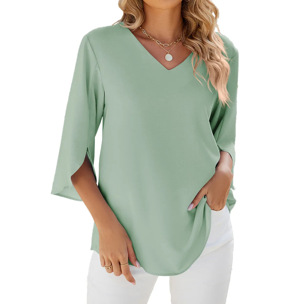 Damen Chiffon Bluse Kurzärmelig V-Ausschnitt Elegant