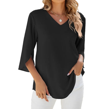 Damen Chiffon Bluse Kurzärmelig V-Ausschnitt Elegant
