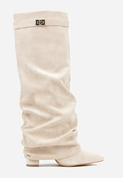 Damen Faltstiefel Niedriger Absatz Spitze Zehen