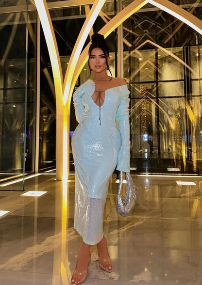 Damen Glitzerkleid Mintgrün Spitze Langärmlig - Norvielle