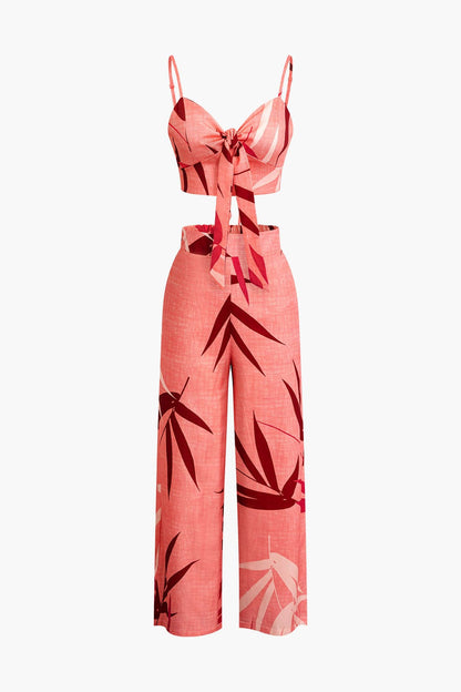 Damen Zweiteiler Baumwolle Knoten-Oberteil Bambus-Print-Hose