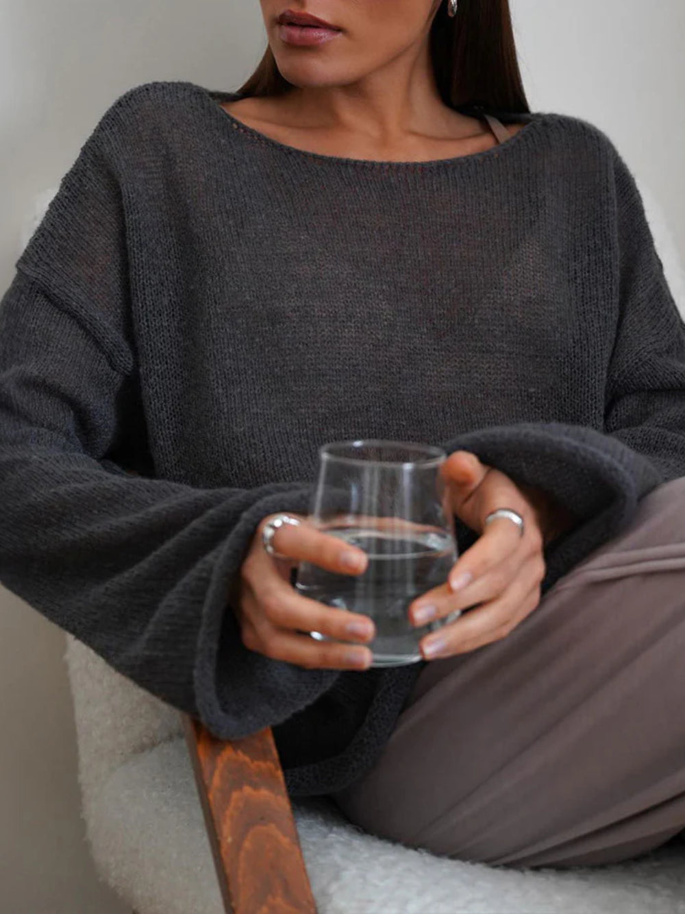 Damen Strickpullover Oversize Luftig Weite Ärmel