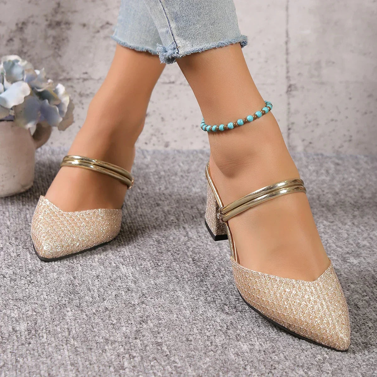 Damen Stilettos Pumps Glitter Gold