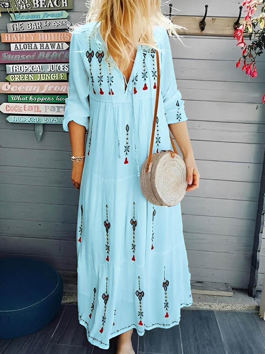 Damen Sommerkleid Blumenmuster V-Ausschnitt Boho-Stil