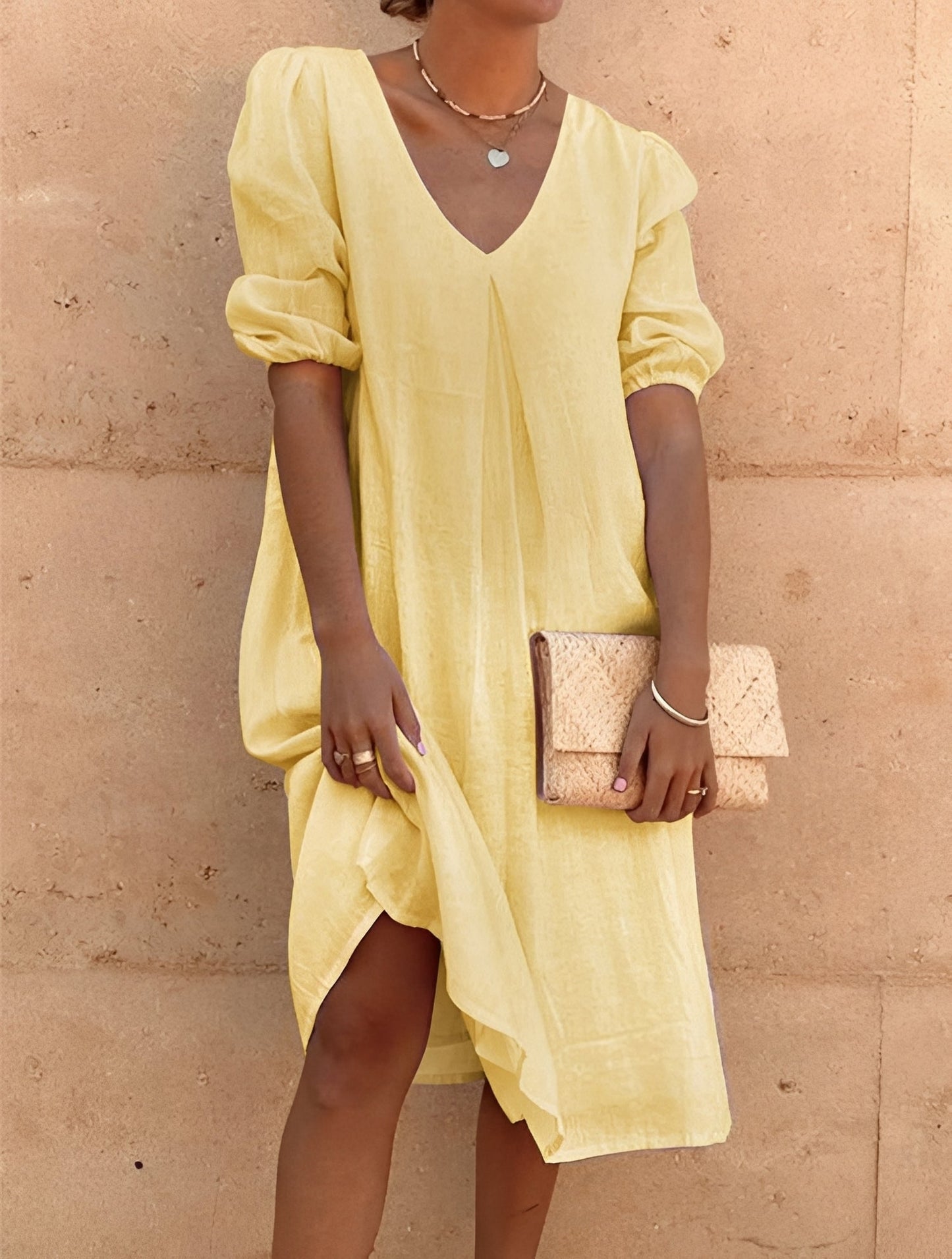 Damen Midikleid Locker Geschnitten Sommerkleid