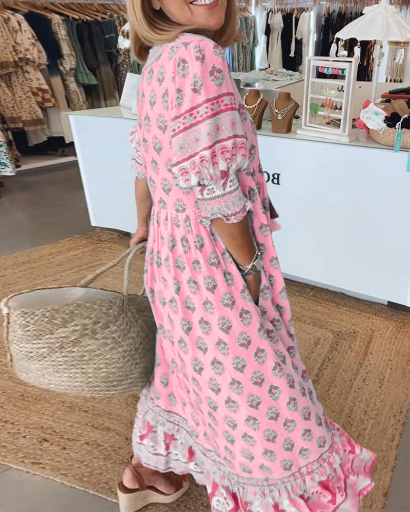 Damen Sommerkleid V-Ausschnitt Bedruckt Midi