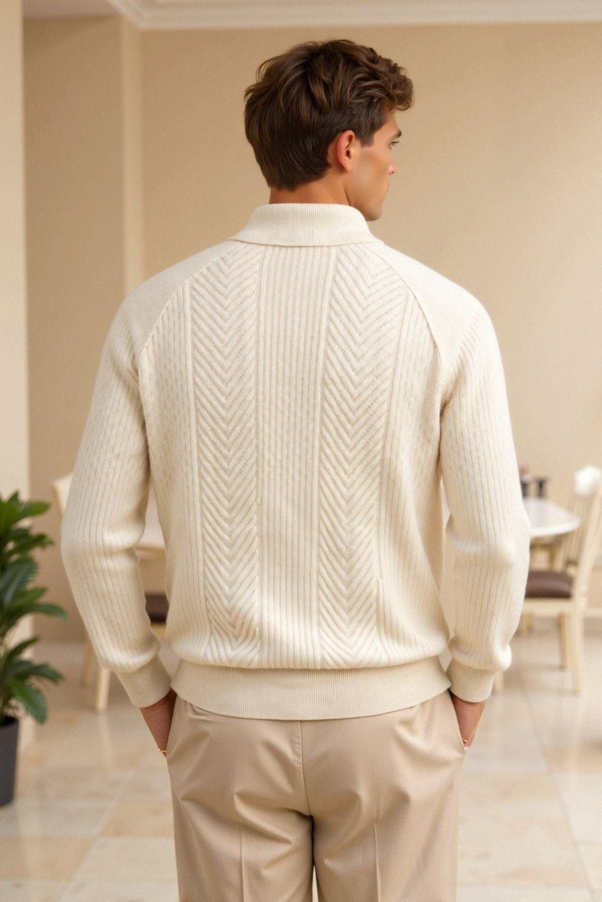 Klassischer Strickpullover Damen Polo Kragen Zopfmuster