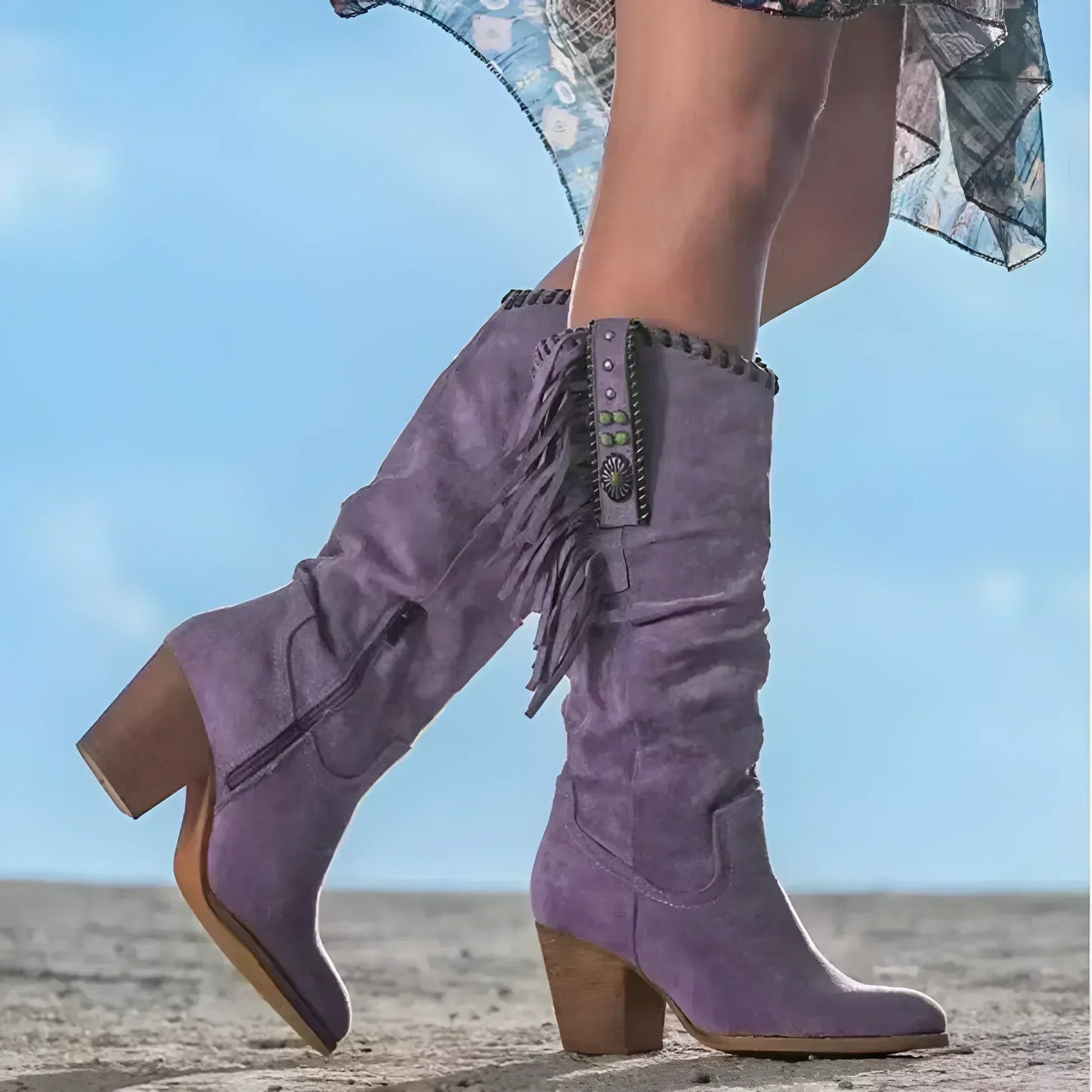 Damen Westernstiefel Fransen Leder Klobiger Absatz