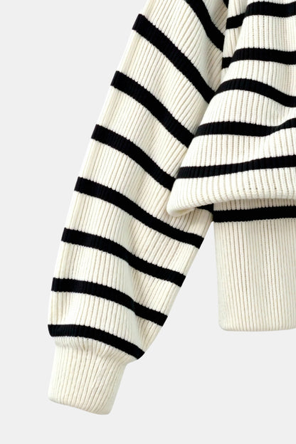 Damen Pullover Streifen Reißverschluss Kragen Modern