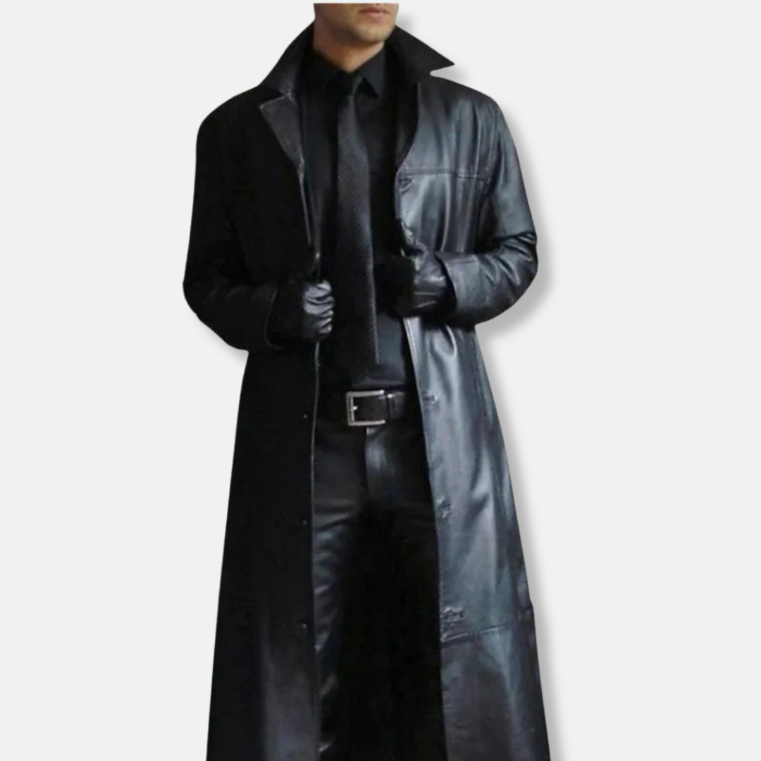 Langer Damen Ledermantel Taillierte Form Glatter Look Schwarz - Norvielle