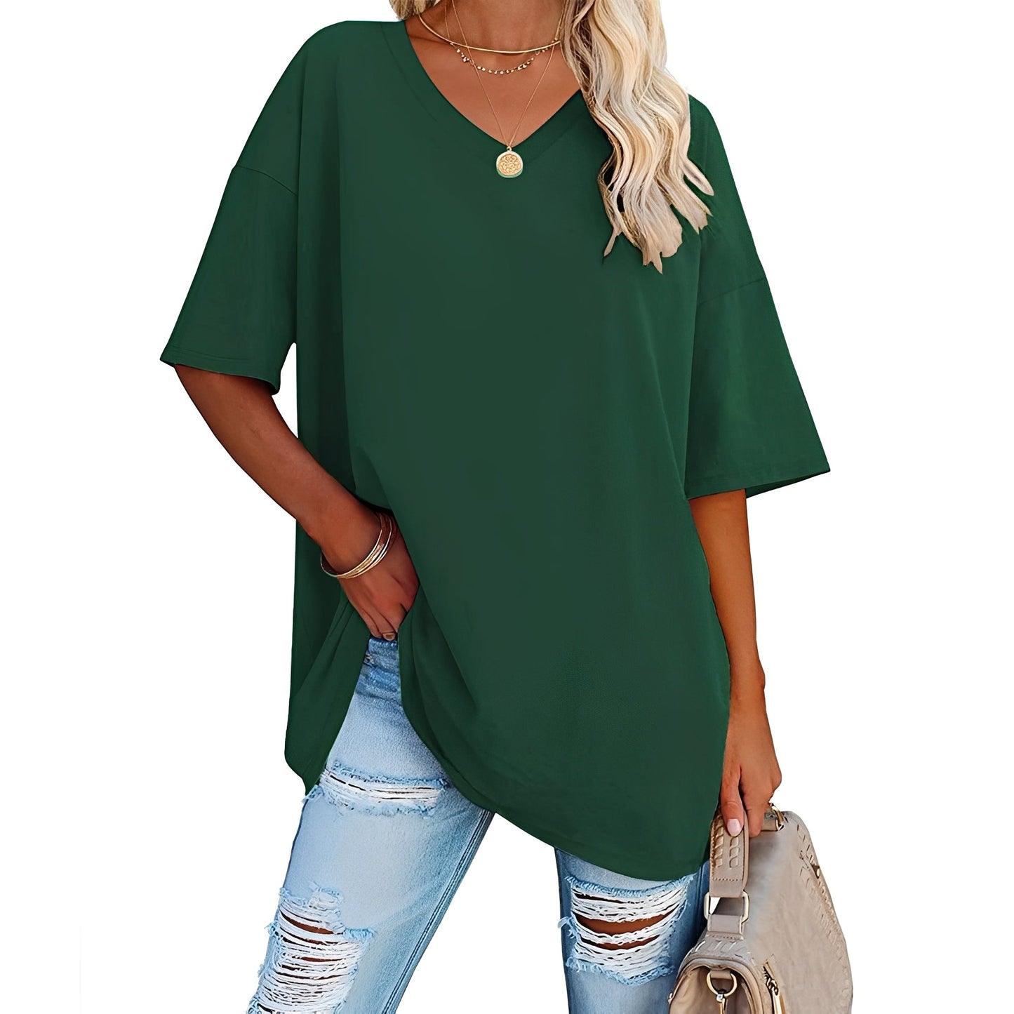 Damen V-Ausschnitt Shirt Lässig Baumwolle