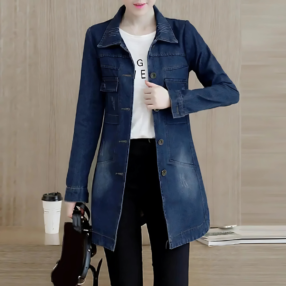 Damen Lange Jeansjacke Stickdetails Vintage Stil