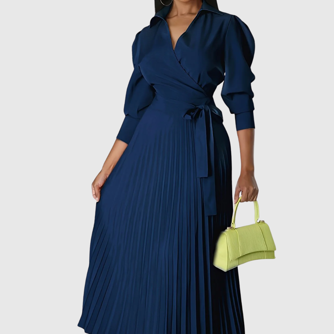 Damen Midikleid V-Ausschnitt Plissiert Elegantes Kleid