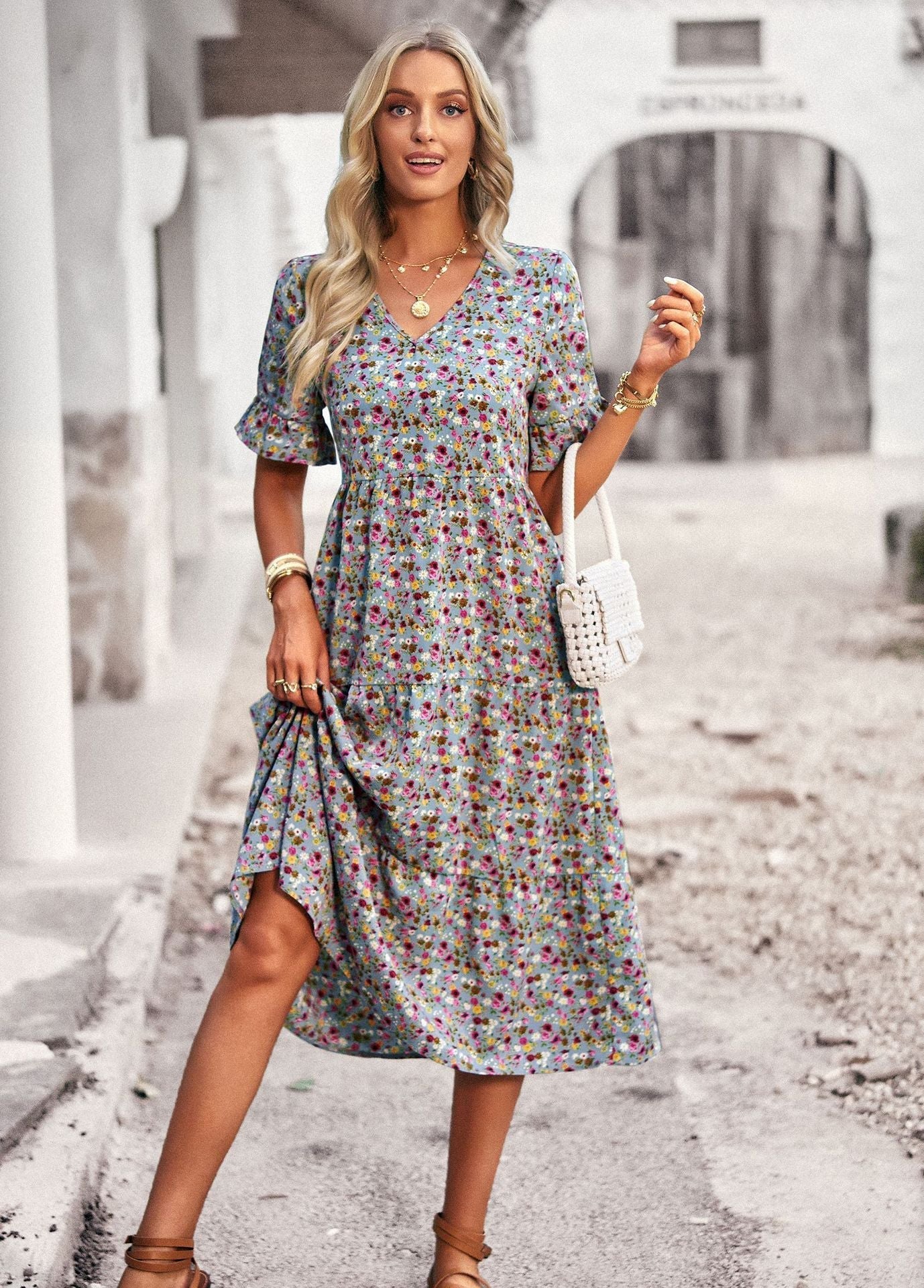 Damen Sommerkleid Blumenmuster Midilength Leicht