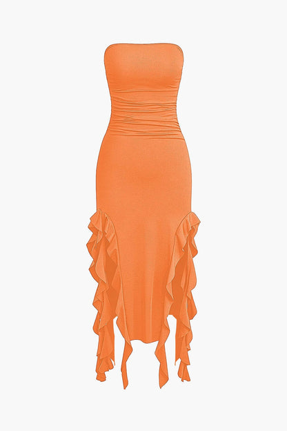 Damen Maxikleid Volant Rüschen Eleganz