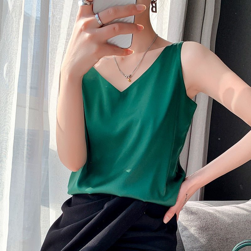 Damen Satin-Oberteil V-Ausschnitt Elegant