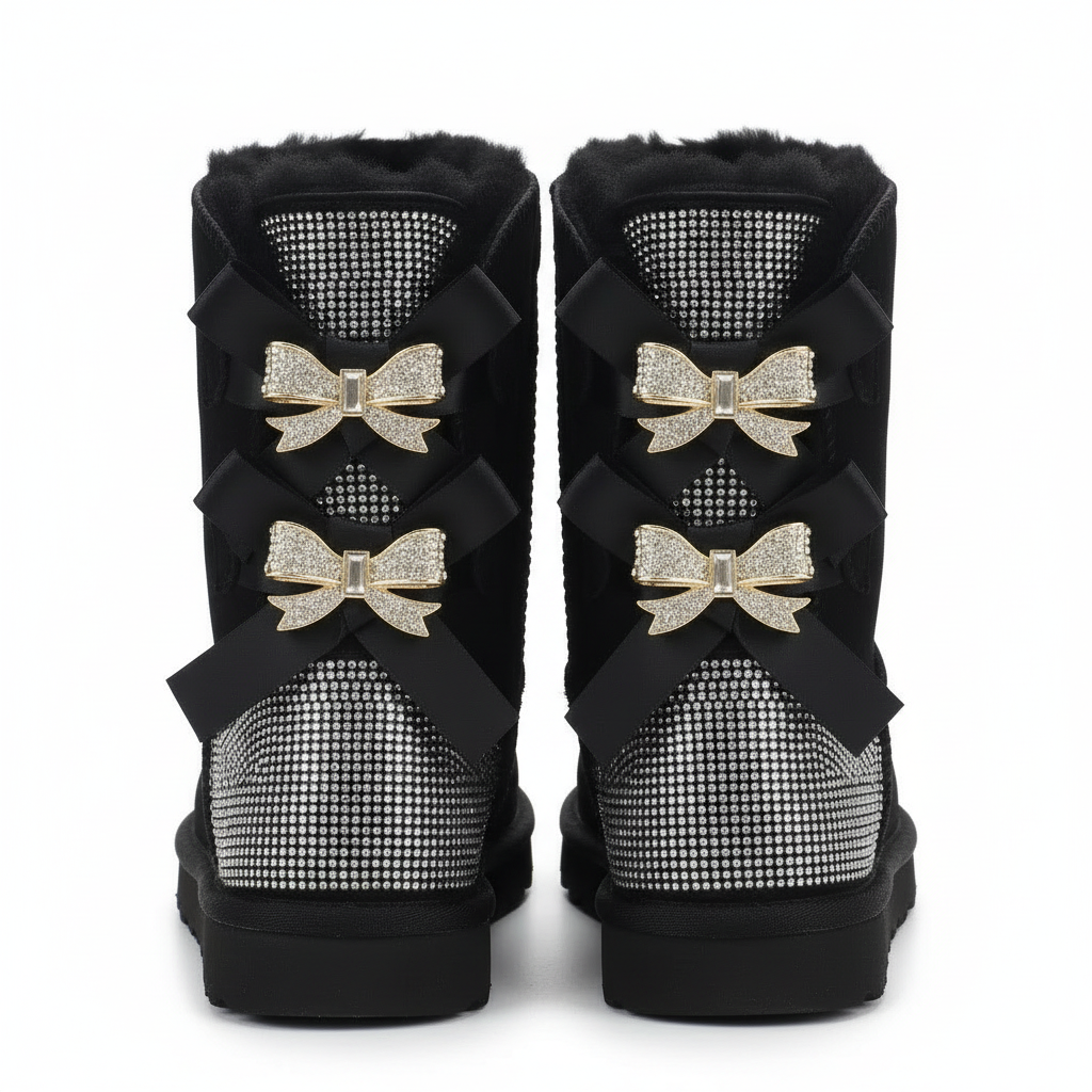 Damen Winterstiefel Wildleder Glitzer Schleife