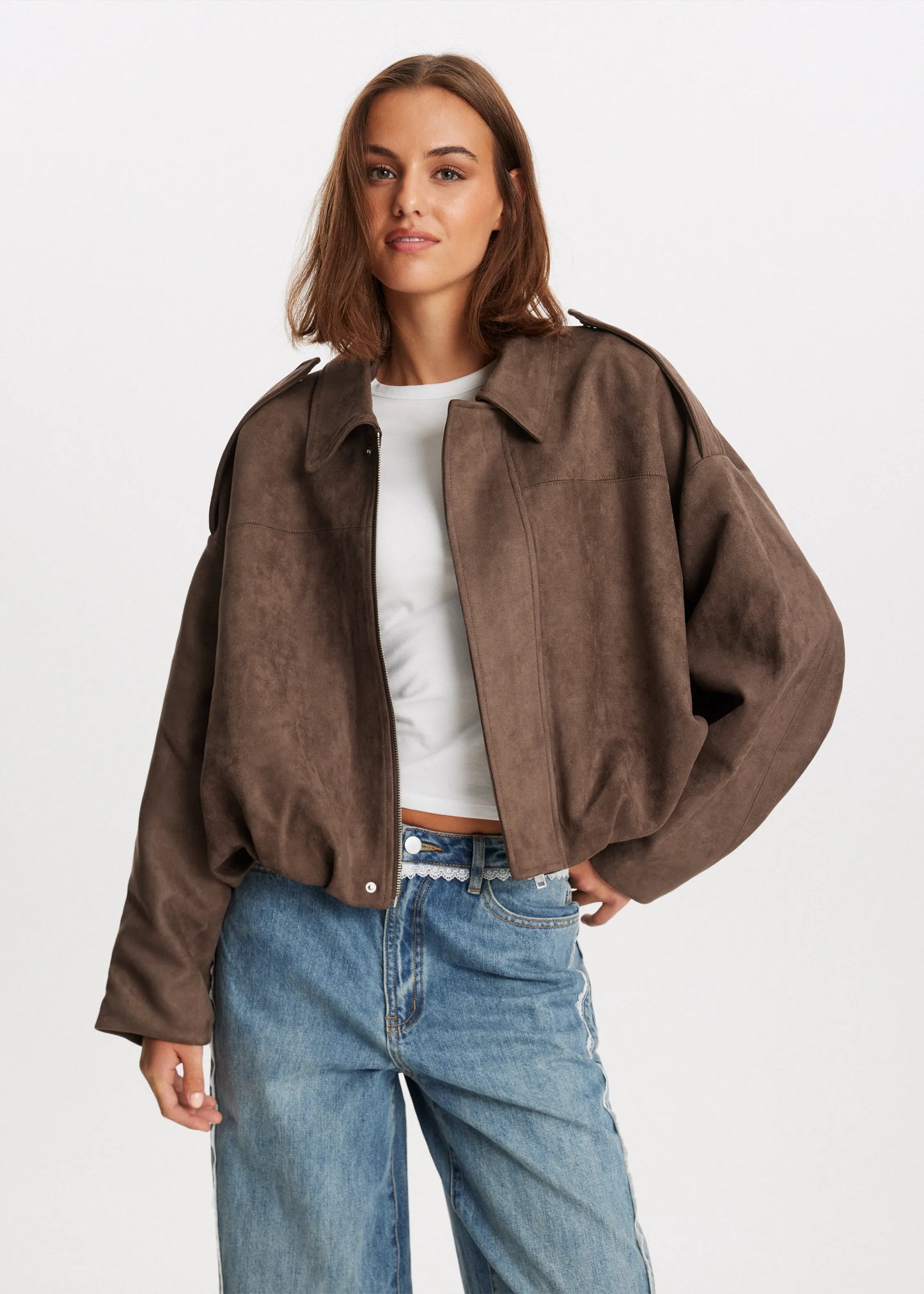 Damen Cropped Jacke Suededesign Übergröße Braun