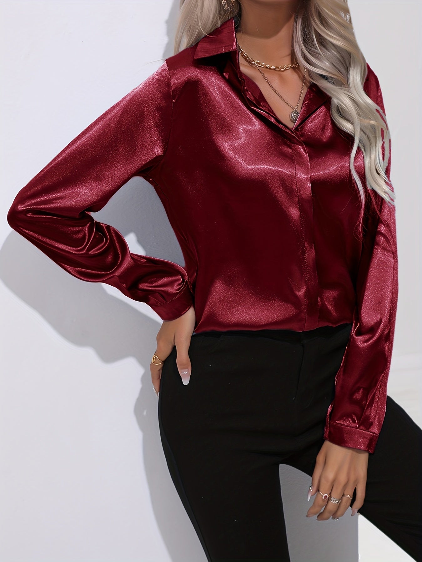 Damen Satinhemd Elegantes Langarmoberteil