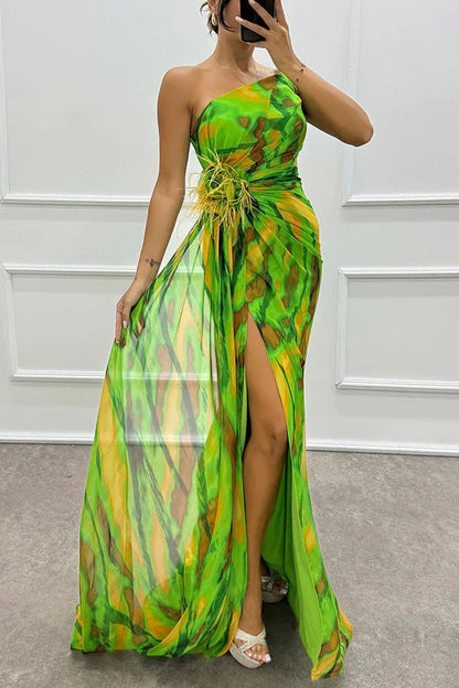 Damen Maxikleid Schulterfrei Lang Abendkleid mit Hochschlitz