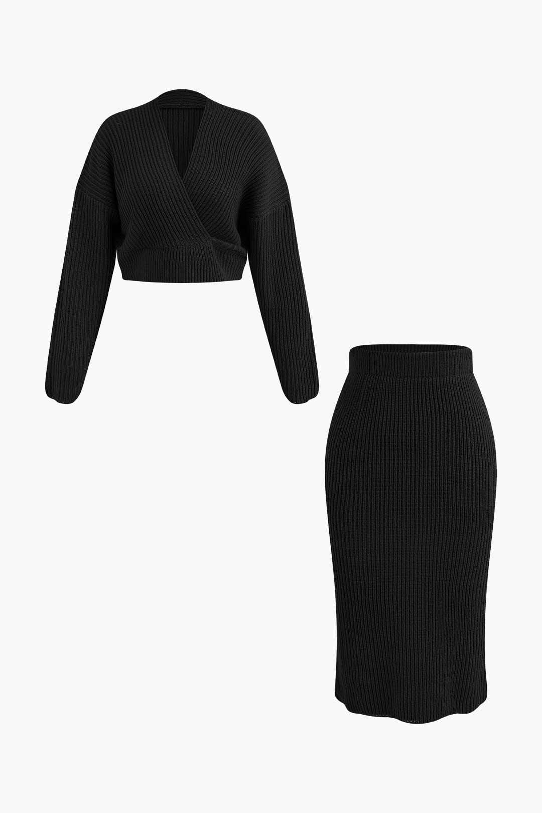 Damen Strick-Set Wickel-Oberteil Bleistiftrock Eleganz