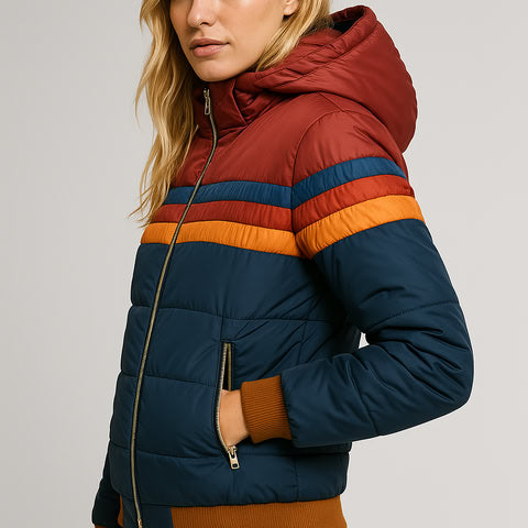 Damen Winterjacke Streifenmuster Warm Kapuze
