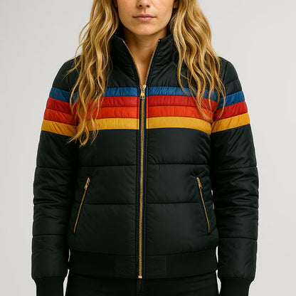 Damen Winterjacke Streifenmuster Warm Kapuze