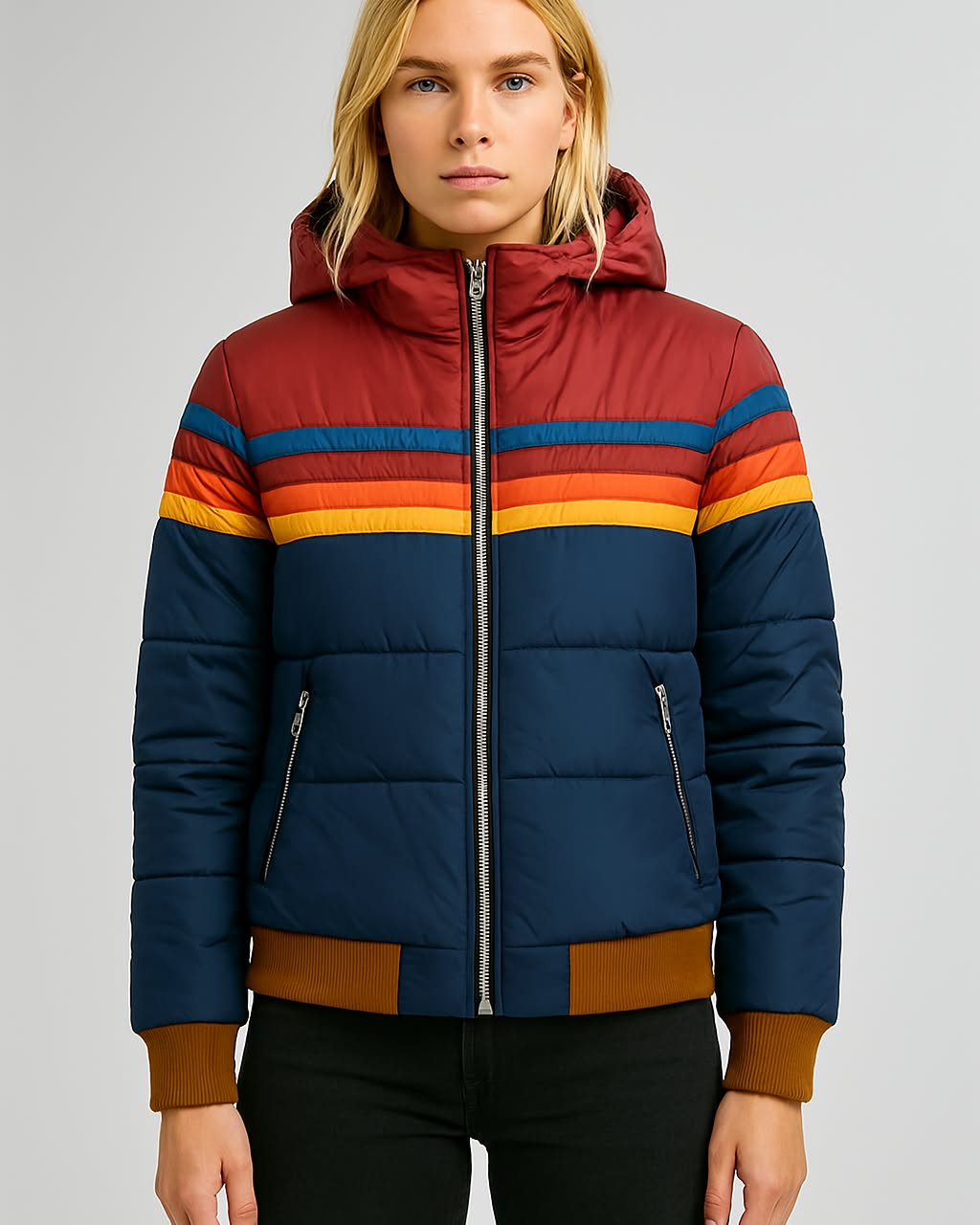 Damen Winterjacke Streifenmuster Warm Kapuze - Norvielle