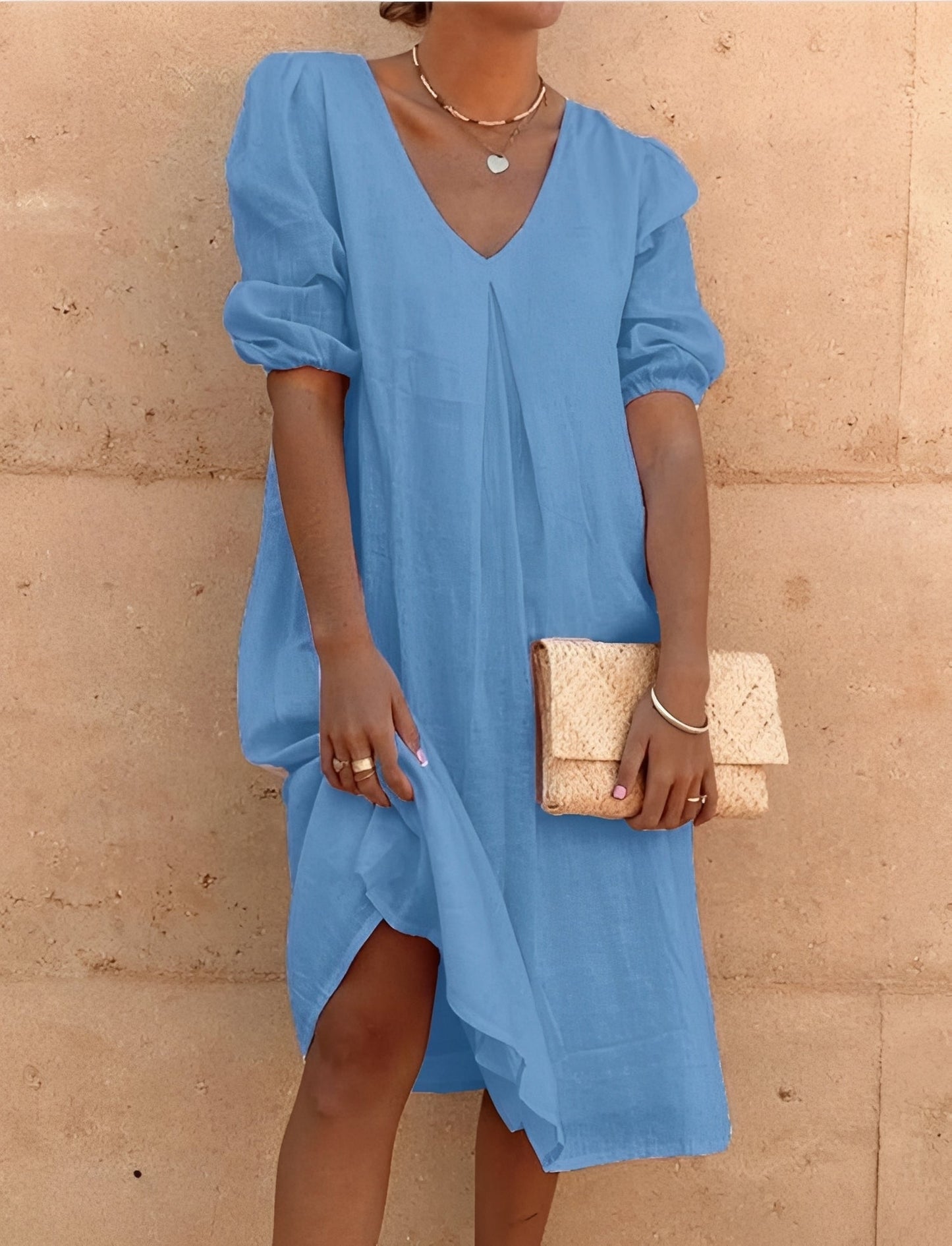 Damen Midikleid Locker Geschnitten Sommerkleid