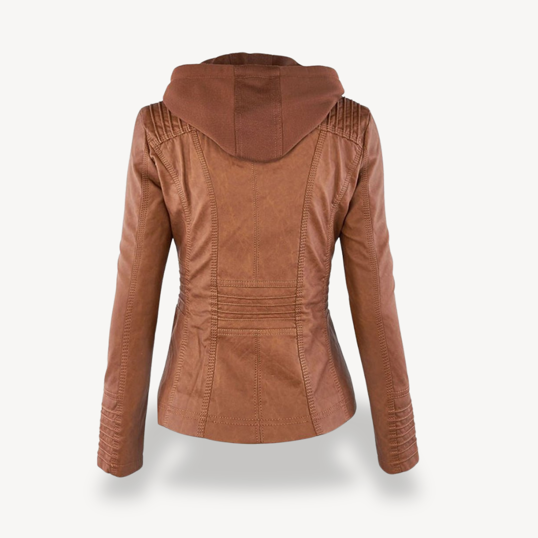 Damen Lederjacke Wasserdicht Kapuze Schwarz - Norvielle