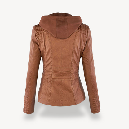 Damen Lederjacke Wasserdicht Kapuze Schwarz - Norvielle