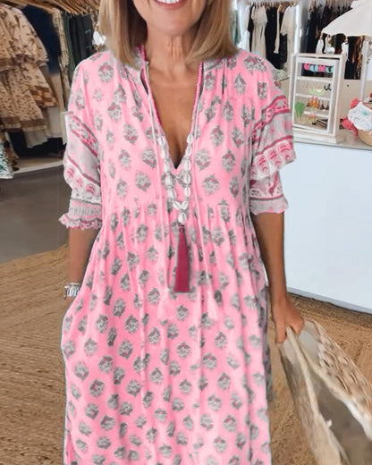 Damen Sommerkleid V-Ausschnitt Bedruckt Midi