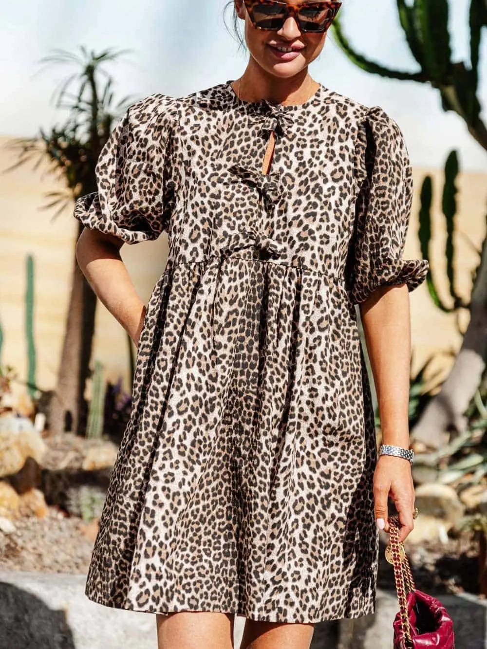 Damen Elegantes Abendkleid Leopard Kurzärmelig - Norvielle