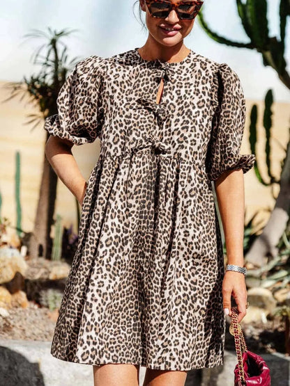Damen Elegantes Abendkleid Leopard Kurzärmelig - Norvielle