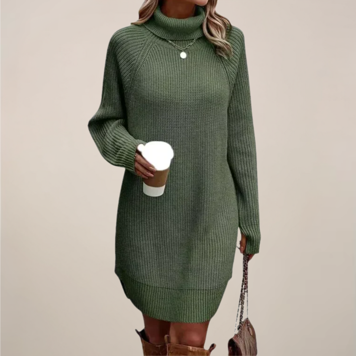 Damen Langarm Pulloverkleid Rollkragen Warm