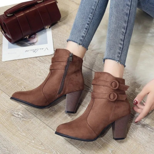 Damen High Heel Stiefeletten mit Schnalle und Reißverschluss