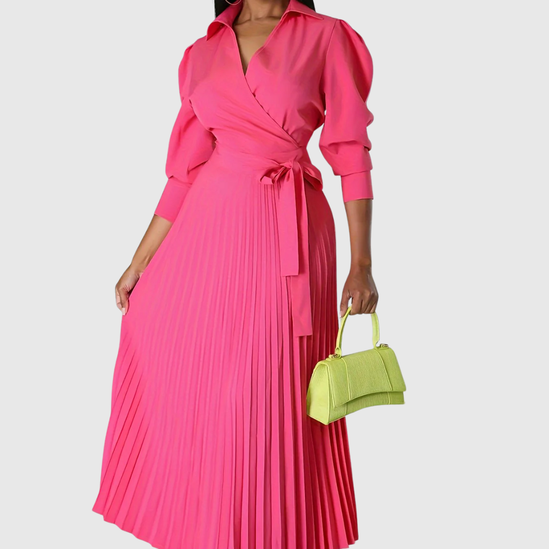 Damen Midikleid V-Ausschnitt Plissiert Elegantes Kleid