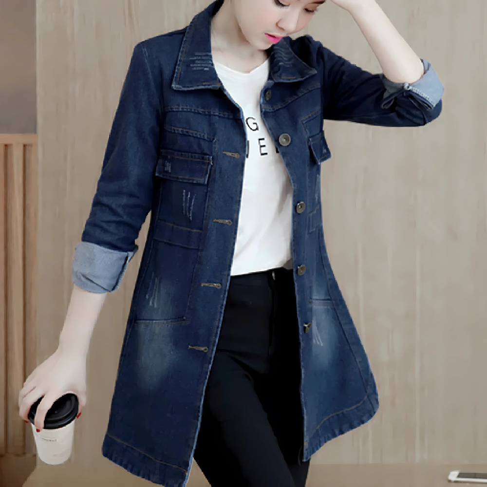 Damen Lange Jeansjacke Stickdetails Vintage Stil