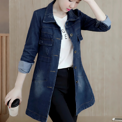 Damen Lange Jeansjacke Stickdetails Vintage Stil