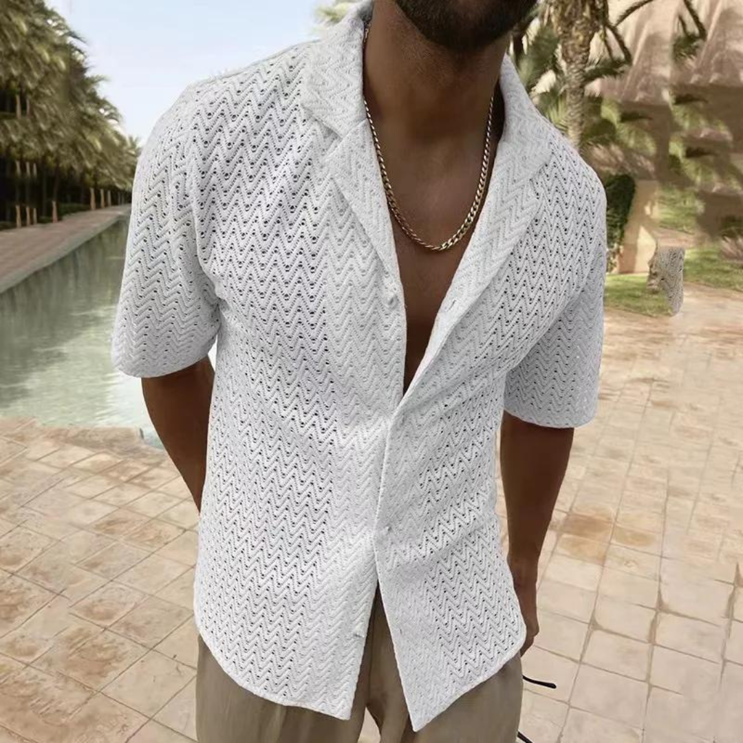 Luca Herren Strickhemd Offener Kragen Retro Look Modern