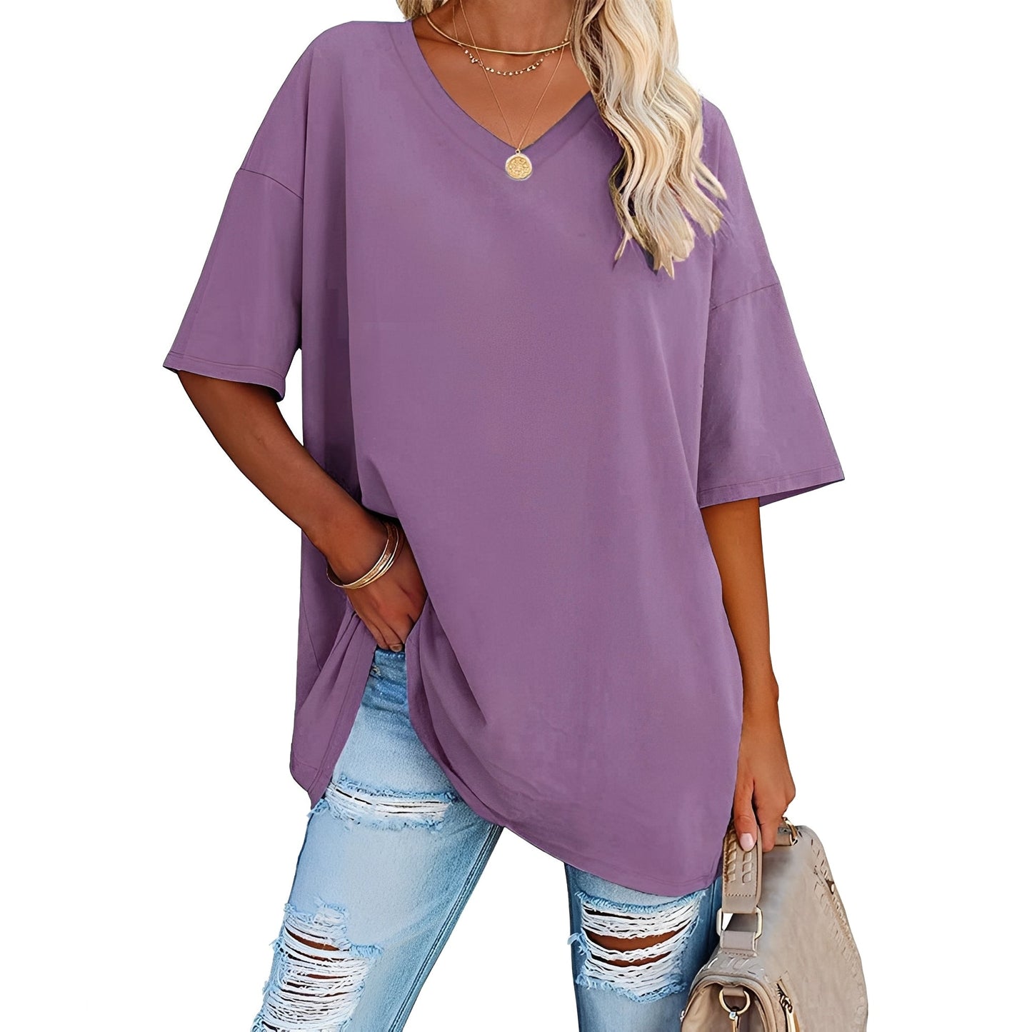 Damen V-Ausschnitt Shirt Lässig Baumwolle