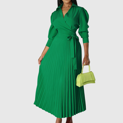 Damen Midikleid V-Ausschnitt Plissiert Elegantes Kleid