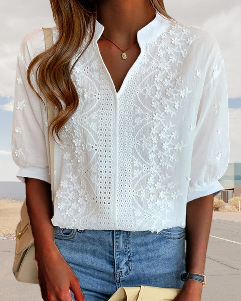 Damen Sommerbluse V-Ausschnitt Puffärmel Leicht